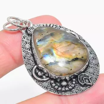 Подвеска из стерлингового серебра 925 пробы с натуральным лабрадоритом ручной работы 2,13 дюйма o0K44