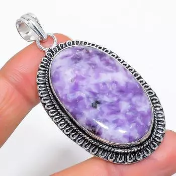 Подвеска из стерлингового серебра 925 пробы с натуральным русским чароитом ручной работы 2,36 дюйма n7K57