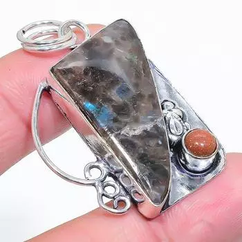 Подвеска из стерлингового серебра 925 пробы с натуральным лабрадоритом и солнечным камнем 2,01 дюйма e4y59