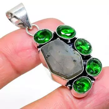 Подвеска из стерлингового серебра 925 пробы с натуральным лабрадоритом и диопсидом 1,97 дюйма J0n99