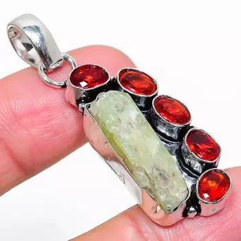 Подвеска из стерлингового серебра 925 пробы с натуральным зеленым кианитом и гранатом 2,05 дюйма T4b98