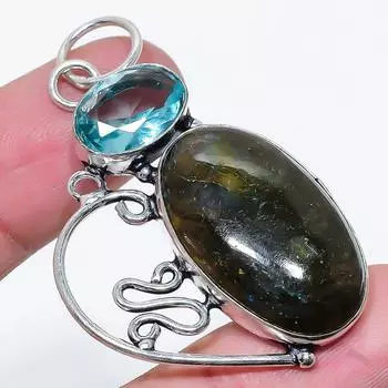 Подвеска из стерлингового серебра 925 пробы с натуральным лабрадоритом и голубым топазом 2,17 дюйма q2S23