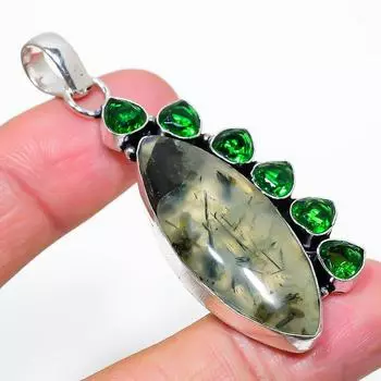 Подвеска из стерлингового серебра 925 пробы с натуральным пренитом и диопсидом, 2,48 дюйма b8S79