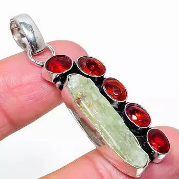 Подвеска из стерлингового серебра 925 пробы с натуральным зеленым кианитом и гранатом 2,17 дюйма h9F37