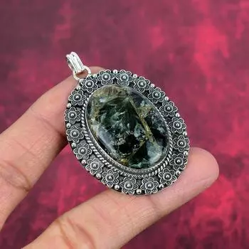 Подвеска из стерлингового серебра 925 пробы с драгоценным камнем серафинитом, великолепная подвеска на цепочке из серебра ручной работы, подарок на День благодарения 2.36 inches зелёный