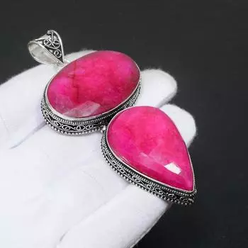 Подвеска из стерлингового серебра 925 пробы с рубиновым драгоценным камнем ручной работы, подвеска с двойным рубиновым драгоценным камнем, рубин, созданный в лаборатории, подвеска в подарок для женщин 2.55 розовый