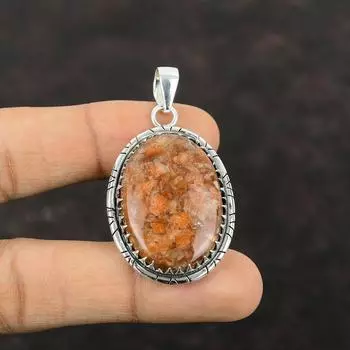 Подвеска из стерлингового серебра 925 пробы с солнечным камнем. Ювелирные изделия ручной работы с уникальным дизайном. Подвеска из настоящего драгоценного камня. Удивительный эффектный ювелирный подарок для матери.