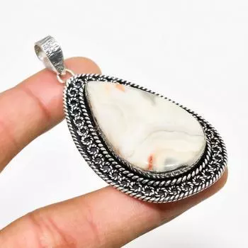 Подвеска из сумасшедшего кружевного агата с драгоценным камнем, ручная работа, посеребренная 925 пробы, 2,46 дюйма 2.46 белый