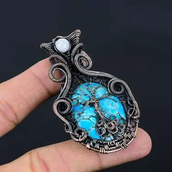 Подвеска из тибетской бирюзы и лунного камня «Древо жизни» из чистой медной проволоки, ювелирное изделие ручной работы 2.64 Inches синий