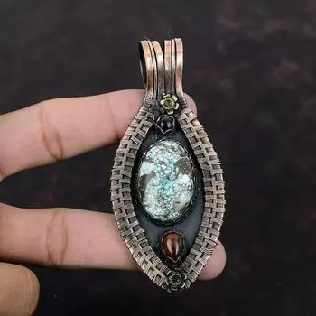 Подвеска из тибетской бирюзы, подвеска из медной проволоки, подвеска из красного дерева, обсидиана и синего солнечного камня, ювелирные изделия из драгоценных камней, подвеска ручной работы для подарка