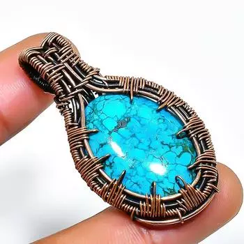 Подвеска из тибетской бирюзы ручной работы из медной проволоки 1,77 дюйма 1.77 синий
