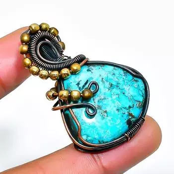 Подвеска из тибетской бирюзы ручной работы из медной проволоки 1,77 дюйма 1.77 синий