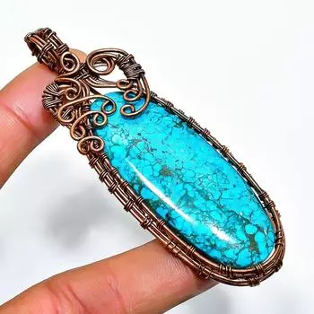 Подвеска из тибетской бирюзы ручной работы из медной проволоки 2,96 дюйма 2.96 синий