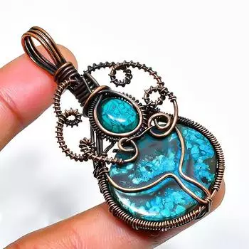 Подвеска из тибетской бирюзы ручной работы из медной проволоки 2,36 дюйма 2.36 синий