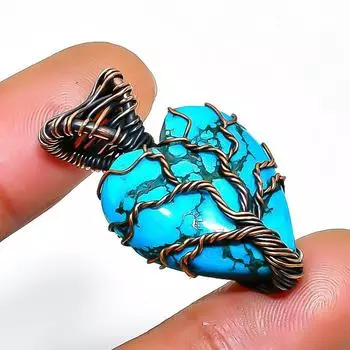 Подвеска из тибетской бирюзы ручной работы из медной проволоки 1,30 дюйма 1.30 синий