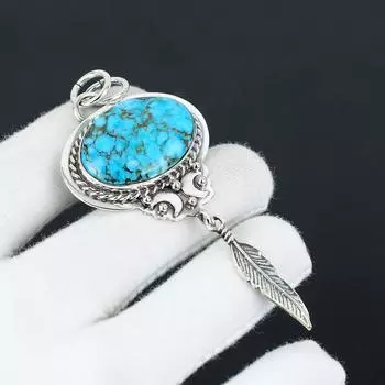 Подвеска из тибетской бирюзы ручной работы с подвеской в виде пера из стерлингового серебра 925 пробы — идеальный подарок на Рождество, Новый год или любой другой праздник для нее 2.75 синий