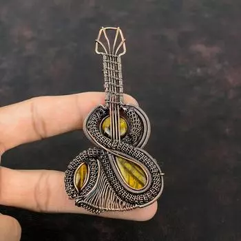 Подвеска из тигрового глаза, подвеска из медной проволоки, подвеска в виде гитары, драгоценный камень, ювелирные изделия из тигрового глаза, подвеска ручной работы, подарок на годовщину, медные украшения
