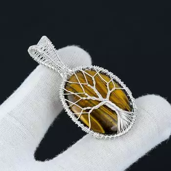 Подвеска из тигрового глаза с драгоценным камнем, подвеска из стерлингового серебра 925 пробы ручной работы, ювелирные изделия из тигрового глаза с проволокой, подвеска из тигрового глаза «Дерево жизни» в подарок 2.16
