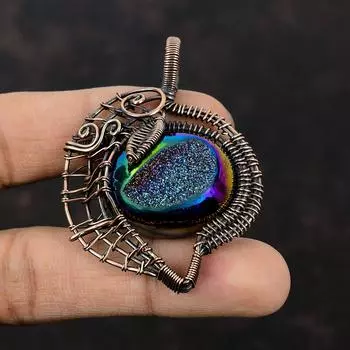 Подвеска из титановой друзы, подвеска из медной проволоки, оригинальный кулон с драгоценными камнями, медные украшения ручной работы, подвеска в стиле бохо, проволочные украшения, подарок для нее