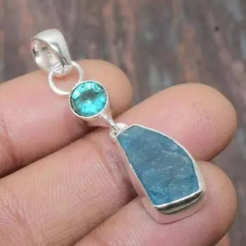 Подвеска из твердого серебра 925 пробы с грубым апатитом и драгоценным камнем ручной работы из серебра 925 пробы 1.58 Inches синий