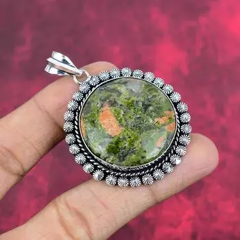 Подвеска из унакита, серебряная подвеска 925 пробы с драгоценными камнями, подвеска ручной работы, изумительное украшение, подарок для нее 2.36 Inches зелёный