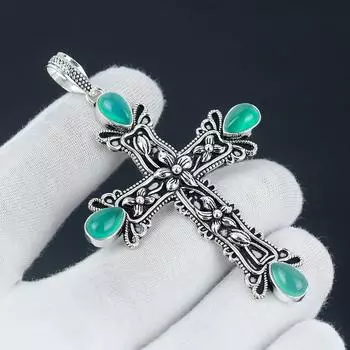 Подвеска из зеленого оникса с натуральным драгоценным камнем из стерлингового серебра 925 пробы ручной работы, подвеска-крест для подарков, подвеска для нее, женские украшения 2.95 зелёный