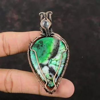 Подвеска из зеленого опала дендрита, подвеска из медной проволоки, подвеска из радужного лунного камня, ювелирные изделия ручной работы из драгоценных камней, дизайнерская подвеска, ювелирные изделия из меди