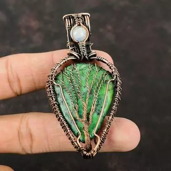 Подвеска из зеленого опала «Древо жизни» с дендритом, подвеска из медной проволоки, ювелирные изделия ручной работы с драгоценными камнями, подвеска из радужного лунного камня, подвеска из медной проволоки