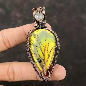 Подвеска из желтого дендрита и опала «Дерево жизни», подвеска из медной проволоки, ювелирные изделия ручной работы из драгоценных камней, радужная проволока из лунного камня, подарок для нее