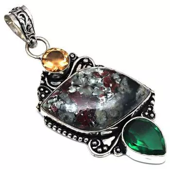 Подвеска Эвдиалит Яшма Изумруд Кварц Драгоценный Камень Серебряное Украшение 2.5