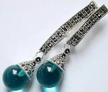 Подвеска Кошачий глаз из стерлингового серебра 925 пробы с двумя круглыми синими опалами, 12 мм, марказит, 58*20 мм