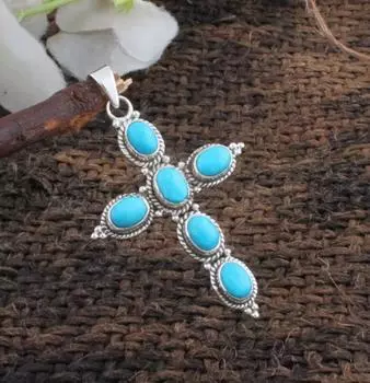Подвеска-крест из цельного серебра 925 пробы с бирюзовым драгоценным камнем, дизайнерские украшения ручной работы, ювелирные изделия в стиле бохо