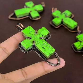 Подвеска-крест из медной проволоки ручной работы с натуральной зеленой бирюзой, 3,1 дюйма, r6v91