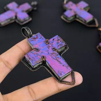 Подвеска-крест из медной проволоки с натуральным фиолетовым бирюзовым камнем размером 3,1 дюйма E1S28