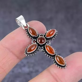Подвеска-крест из натурального оранжевого сердолика ручной работы из стерлингового серебра 925 пробы 1,81 дюйма E5C33
