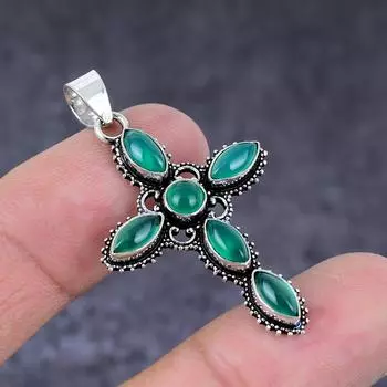 Подвеска-крест из натурального зеленого оникса ручной работы из стерлингового серебра 925 пробы 1,81 дюйма y2g00