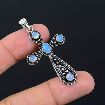 Подвеска-крест из серебра 925 пробы с молочным опалом, ручная работа, 2,10 дюйма, b2N21