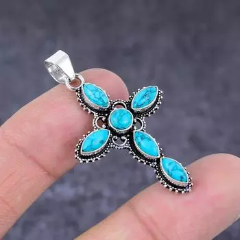 Подвеска-крест из стерлингового серебра 925 пробы ручной работы с натуральной тибетской бирюзой 1,81 дюйма P0v63