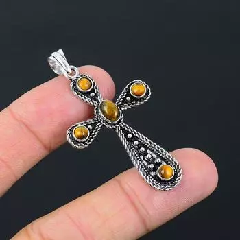 Подвеска-крест из стерлингового серебра 925 пробы ручной работы с натуральным драгоценным камнем «Тигровый глаз» 2,10 дюйма n0L23