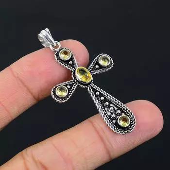 Подвеска-крест из стерлингового серебра 925 пробы ручной работы с натуральным цитрином 2,10 дюйма i0F64