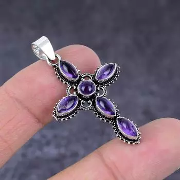 Подвеска-крест ручной работы из стерлингового серебра 925 пробы с натуральным шалфеем и аметистом 1,81 дюйма K8O77
