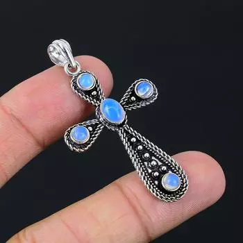 Подвеска-крестик ручной работы из стерлингового серебра 925 пробы с натуральным молочным опалом 2,10 дюйма J2o50