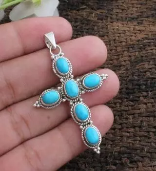 Подвеска-крестик с бирюзовым драгоценным камнем, ювелирные изделия ручной работы, подвеска унисекс, подвеска Рейки, серебряные подвески, подарок на день рождения