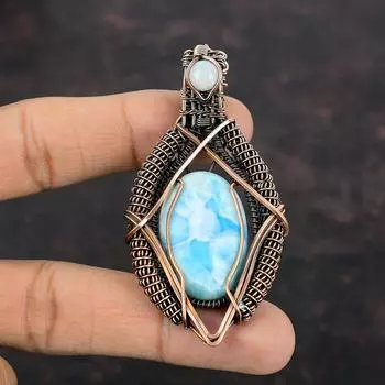 Подвеска Ларимар, медная проволока, обернутая драгоценным камнем, подвеска с радужным лунным камнем, медная проволока, ювелирный подарок для мамы, уникальные ювелирные изделия ручной работы