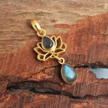 Подвеска Лотос с лабрадоритом и желтым золотом, ювелирные изделия ручной работы из 100% стерлингового серебра 925 пробы золотой/жёлтый