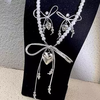 Подвеска Love на ключицу, цепочка из жемчуга, кожаный бант с кисточками, нишевое ожерелье высокого класса