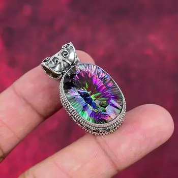 Подвеска Mystic Topaz из цельного серебра 925 пробы, подвеска из драгоценного камня ручной работы, на День памяти 1.45 Inches белый