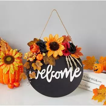 Подвеска на Хэллоуин Венок на Хэллоуин Добро пожаловать домой Искусственный цветочный венок Украшение на Хэллоуин red flower