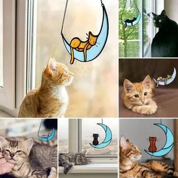Подвеска на окно, мультяшный дизайн, акриловая ручная работа для гостиной, спальни, подвесная оранжевая полосатая кошка, Ловец Солнца, товары для дома A
