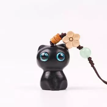 Подвеска на рюкзак с цепочкой для мобильного телефона в виде кошки из сандалового дерева One Size чёрный